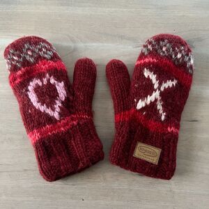 Kyber Outerwear Wool Mittens Red Xs & Os Chrochet Knit Lined Gloves Winter Heart